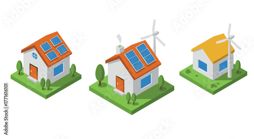 Eco-friendly homes with solar panels and wind turbines in isometric design
