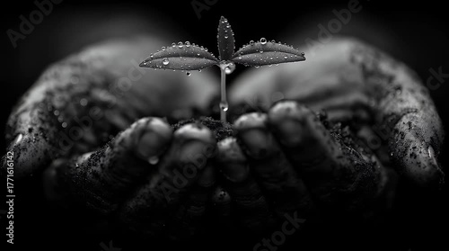 土を手のひらに乗せ、水滴をまとった新芽を育む手のクローズアップ | Monochromatic: Close-up of Hands Holding Soil, Nurturing a Seedling with Water Droplets