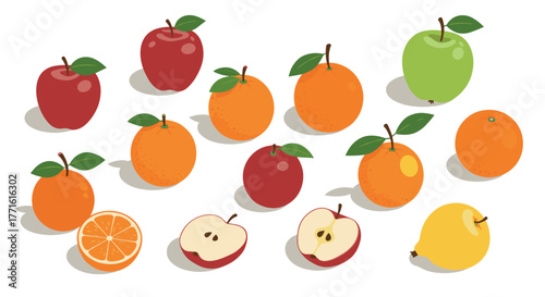 Colorful assortment of fresh apples, oranges, and pears in isometric style