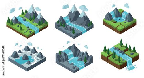 Isometric landscape set with waterfalls and mountains in various biomes