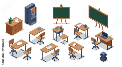 Isometric classroom setup with desks, chairs, and chalkboards on white background
