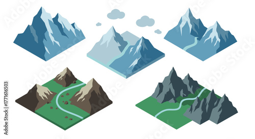 Isometric mountain landscapes set with snow and green trails