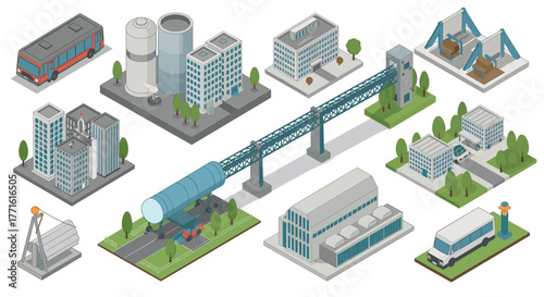 Urban infrastructure isometric design with buildings, vehicles, and bridges