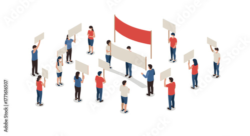 Isometric protest with diverse group holding blank signs and banners