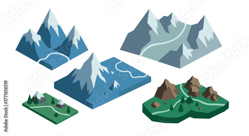 Isometric mountain terrain set with snow peaks and hiking trails