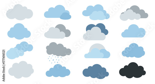 Diverse cartoon cloud collection: flat style set with various designs and colors