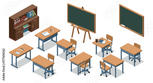Isometric classroom furniture set with desks, chairs, and chalkboards