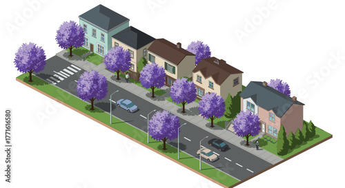Charming suburban street with purple trees and colorful houses in isometric style
