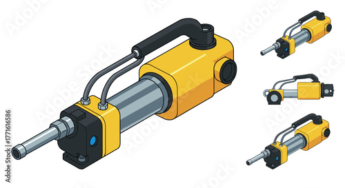 Isometric hydraulic cylinder set with different angles and details