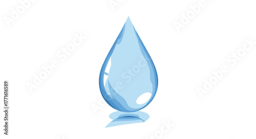 Realistic blue water droplet with reflections on white background