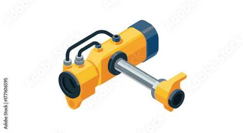 Isometric hydraulic cylinder icon in yellow and blue for industrial design