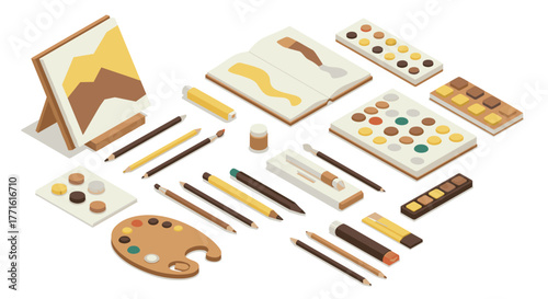 Isometric art supplies collection with brushes, palettes, and canvas for creative projects