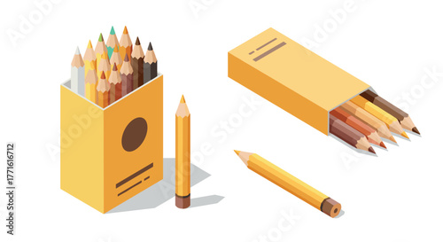 Colorful isometric pencils in a box on white background