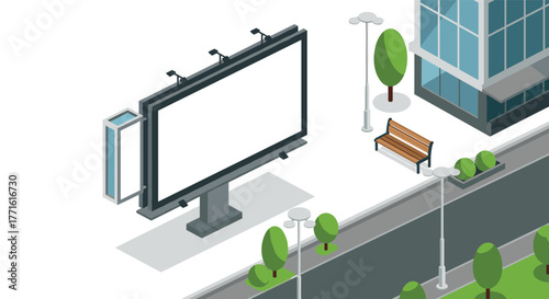 Isometric urban street with blank billboard for advertisement and modern architecture