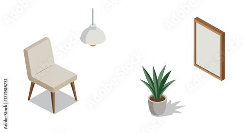 Modern isometric interior design with chair, plant, and lamp