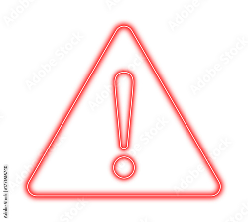 A danger sign. A red neon exclamation mark warning icon, used in web design. Illustration, on a transparent background.