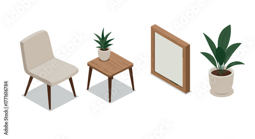 Isometric furniture and decor elements with plants and minimalist design
