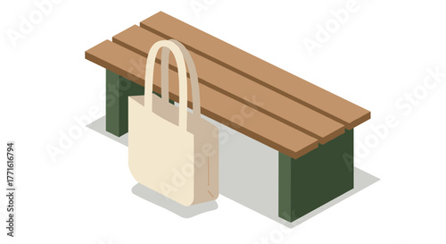 Isometric tote bag on wooden park bench