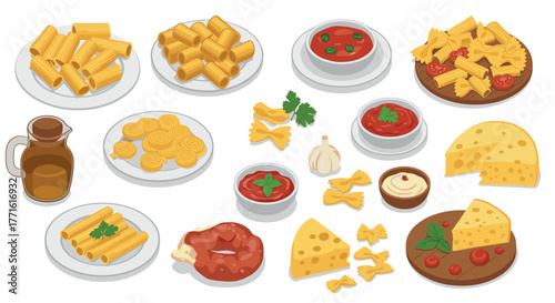 Italian pasta dishes and ingredients in isometric style with cheese and tomato sauce