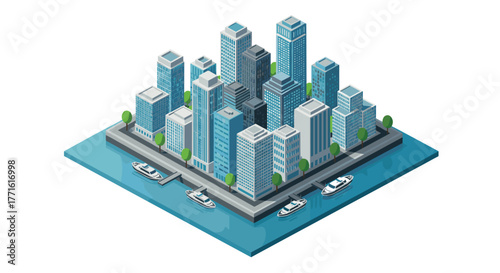 Modern isometric cityscape with skyscrapers and boats in urban harbor