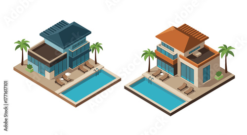 Modern isometric beach houses with pools amidst palm trees