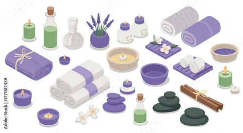 Isometric spa elements: aromatherapy candles, towels, and essential oils for relaxation