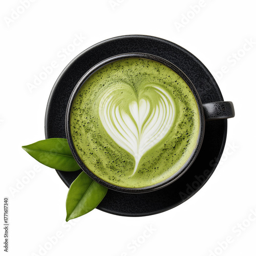 Realistic Top View of Matcha Green Tea Latte with Heart-Shaped Latte Art Isolated on Transparent Background