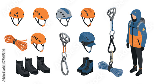 Isometric climbing gear and equipment set with helmets and harnesses for outdoor adventures
