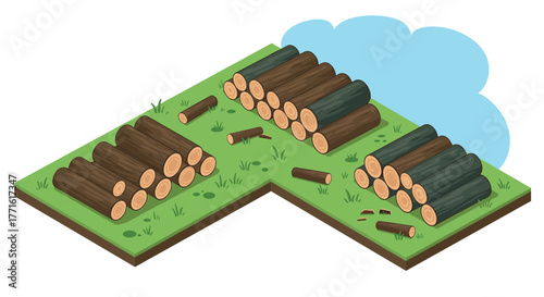 Isometric timber logs on grassy terrain with blue sky background