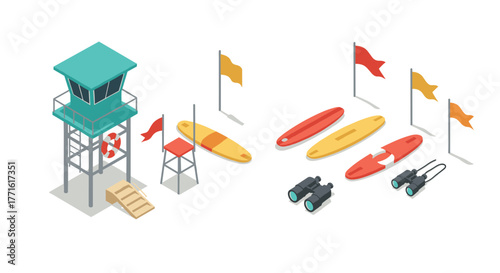 Isometric lifeguard equipment with tower and surfboards on white background