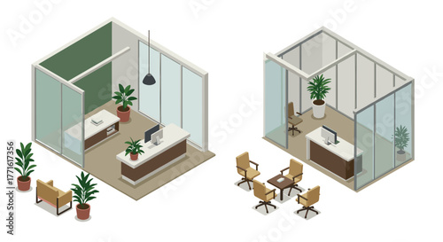 Modern office interiors with isometric design: executive and meeting rooms with glass walls