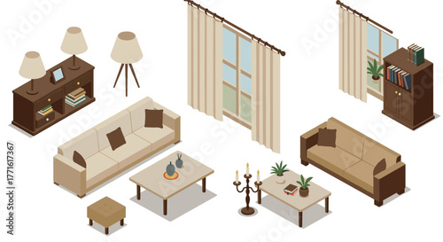 Isometric living room interior set with modern furniture and decor elements