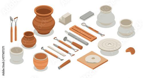 Isometric pottery tools and clay pots collection on white background