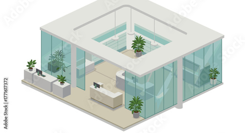 Isometric modern office interior with glass walls and minimalist design