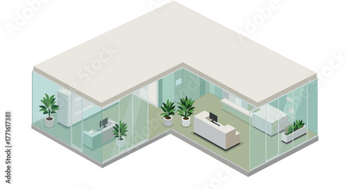 Modern isometric office interior with desk, plants, and glass walls in l-shaped layout