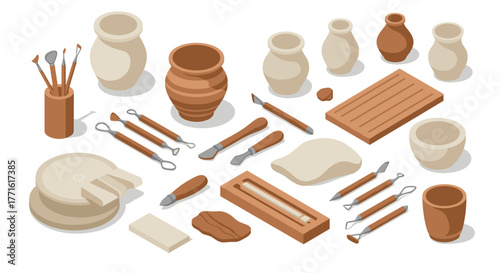Pottery tools and materials isometric set for ceramic artists and crafters