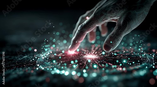 渦巻く青と赤の粒子ネットワークを指で起動させる人物の手のクローズアップ | Close-up of a Person's Hand Activating a Swirling Blue and Red Particle Network with a Finger