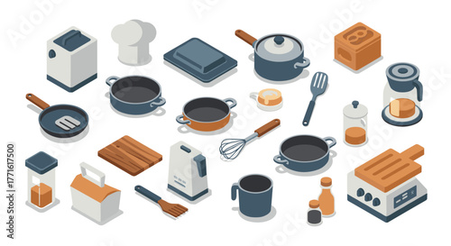 Modern isometric kitchenware collection with cooking utensils and appliances