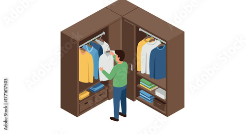 Man choosing outfit in isometric walk-in closet