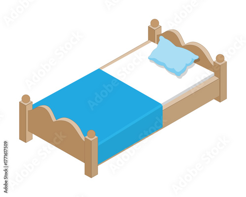 vector design of a simple bed made of brown wood in isometric view with pillows blanket and mattress