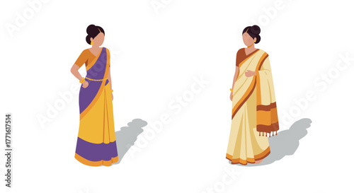 Elegant isometric women in traditional indian sarees with vibrant colors and styles