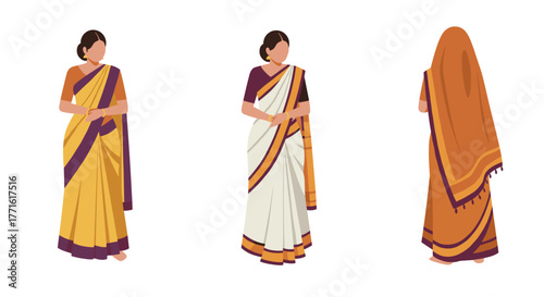 Traditional saree clothing in flat design featuring front and back views
