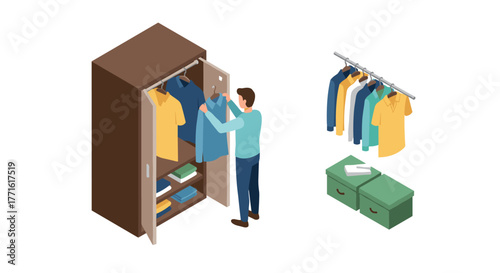 Isometric wardrobe organization with man arranging clothes in closet