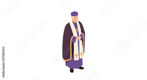 Isometric priest in traditional vestments with cross motif in purple and white robes