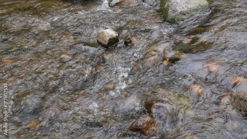 Seamless looping shot of gentle stream water flowing over small stones and pebbles. Natural light highlights ripples, reflections, and organic motion for calm background visuals