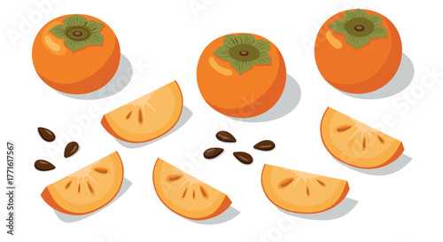 Fresh persimmons with slices and seeds on white background in isometric style