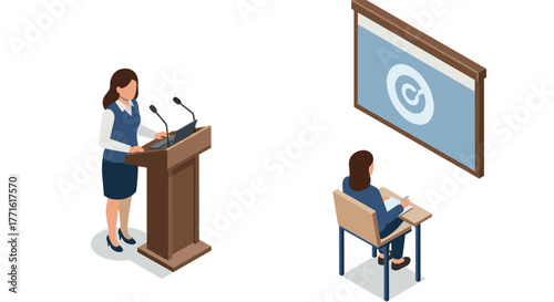 Isometric business presentation with speaker at podium and audience member in meeting room