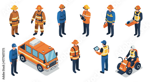 Isometric emergency personnel and equipment set featuring firefighters and technicians in action