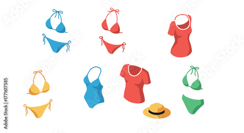 Colorful beachwear collection: swimwear, bikinis, and summer outfits in isometric style