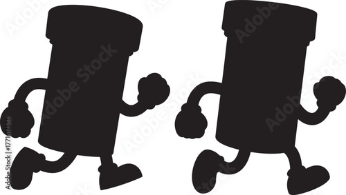 Two cartoon chimney characters running together silhouette